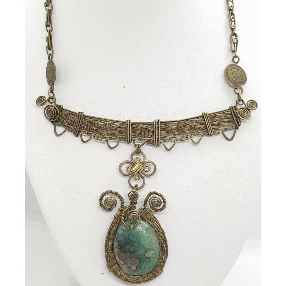 Vintage Necklace Aventurine Hematite Tribal Hand Wired Choker Dangle Pendant